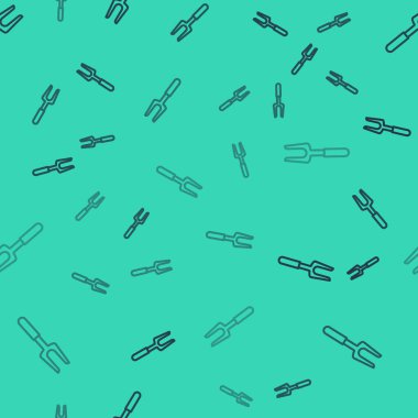 Siyah çizgi barbekü çatal simgesi yeşil arka planda izole edilmiş kusursuz desen. Mangal çatalı işareti. Barbekü ve ızgara aleti. Vektör İllüstrasyonu