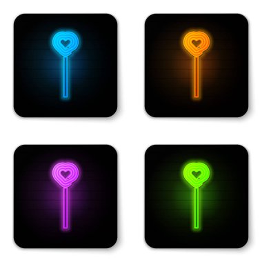 Parlayan neon lolipop simgesi beyaz arkaplanda izole edildi. Şeker işareti. Yemek, lezzetli bir sembol. Sevgililer Günü. Aşk sembolü. Siyah kare düğme. Vektör İllüstrasyonu