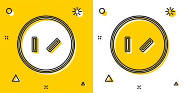 Sarı ve beyaz arka planda siyah yuvarlak tahta kalkan ikonu izole edildi. Güvenlik, güvenlik, koruma, mahremiyet, koruma kavramı. Rastgele dinamik şekiller. Vektör İllüstrasyonu