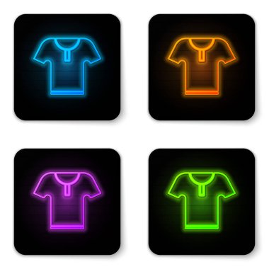 Parlayan neon zırh simgesi beyaz arkaplanda izole edildi. Siyah kare düğme. Vektör İllüstrasyonu