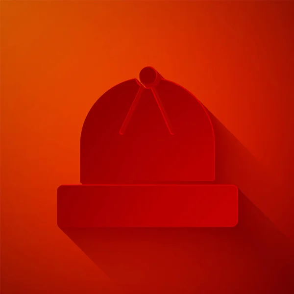 Papiergeschnittene Wintermütze Symbol Isoliert Auf Rotem Hintergrund Papierkunst Vektorillustration — Stockvektor