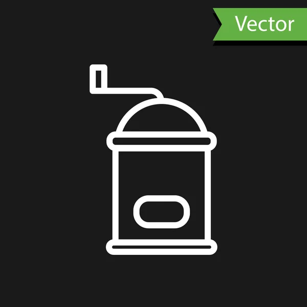 Weiße Linie Manuelle Kaffeemühle Symbol Isoliert Auf Schwarzem Hintergrund Vektorillustration — Stockvektor