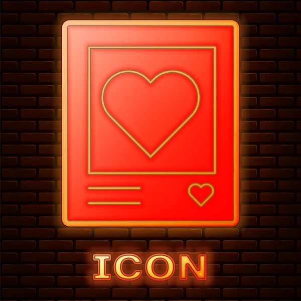 Glowing Neon Blanks Photo Frames Hearts Icon Isolated Brick Wall — Stock Vector
