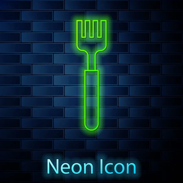 Leuchtende Neon Linie Gabel Symbol Isoliert Auf Backsteinwand Hintergrund Bestecksymbol — Stockvektor