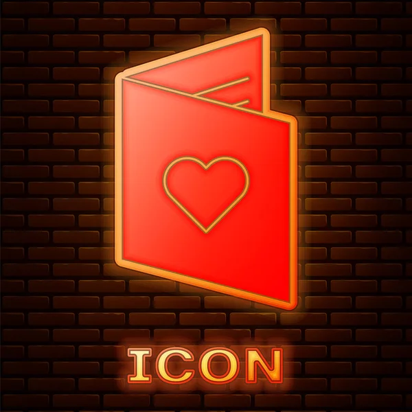 Glowing Neon Valentines Day Flyer Heart Icon Isolated Brick Wall — Stock Vector