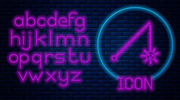 Ragyogó Neon Középkori Láncos Buzogány Labda Ikon Elszigetelt Téglafal Háttér — Stock Vector