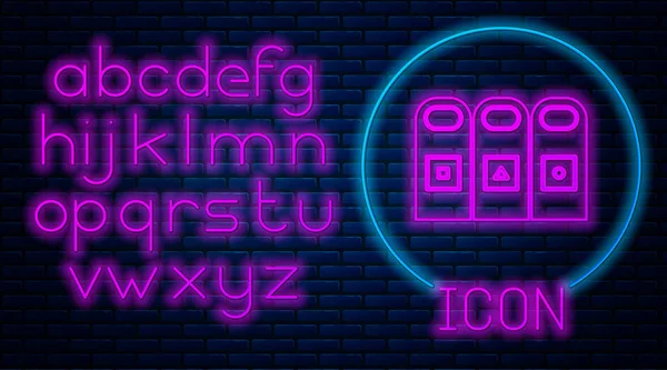 Gloeiende Neon Prullenbak Vuilnisbakken Met Gesorteerde Vuilnisbak Pictogram Geïsoleerd Bakstenen — Stockvector