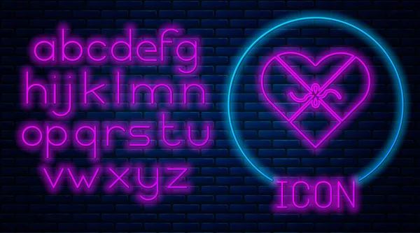 Glowing Neon Candy Heart Shaped Box Bow Icon Isolated Brick — 스톡 벡터