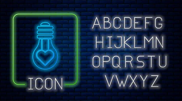 レンガの壁の背景に隔離された電球アイコンにネオンハートの形を輝く 愛のシンボル バレンタインデーのシンボル ネオンライトアルファベットベクターイラスト — ストックベクタ