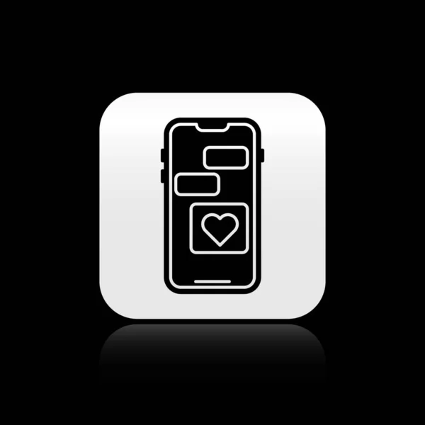 黑色手机的心脏图标隔离在黑色背景 情人节 银方按钮 病媒图解 — 图库矢量图片