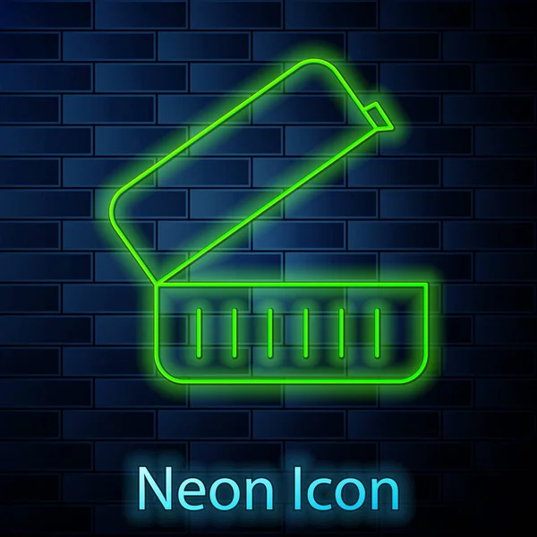 Zářící Neonová Čára Ikona Krabičky Obědem Izolované Pozadí Cihlové Zdi — Stockový vektor