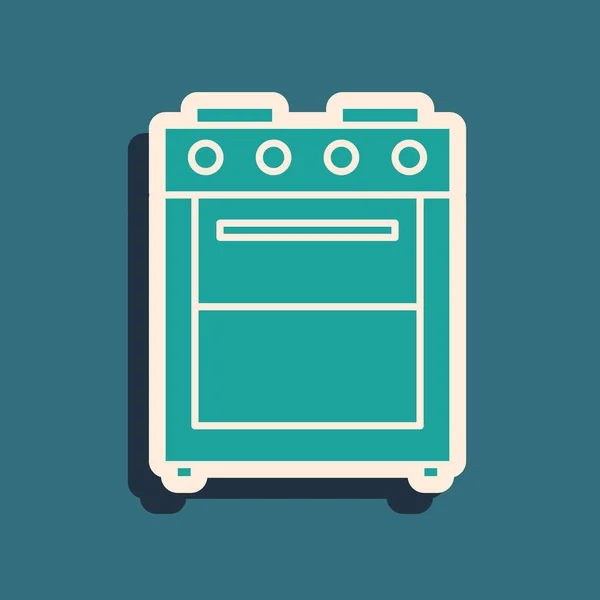蓝色背景上隔离的绿色烤箱图标 炉式燃气炉标志 长阴影样式 矢量插图 — 图库矢量图片