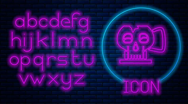 Glowing Neon Cup Skull Icon Isolated Brick Wall Background Neon — 스톡 벡터