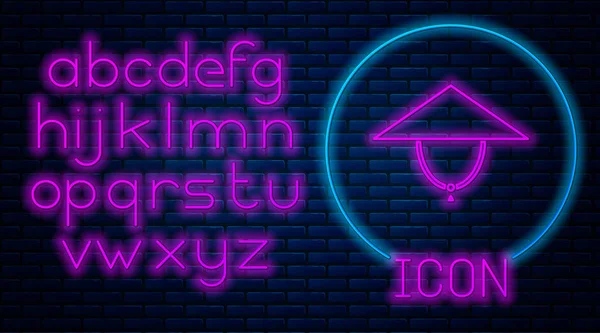 Ragyogó Neon Ázsiai Kúpos Kalap Ikon Elszigetelt Téglafal Háttér Kínai — Stock Vector