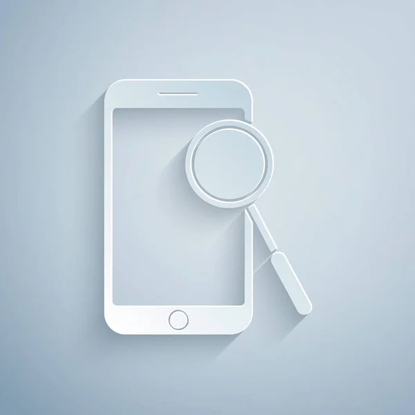 Papier Gesneden Mobiele Telefoon Diagnostiek Pictogram Geïsoleerd Grijze Achtergrond Aanpassen — Stockvector