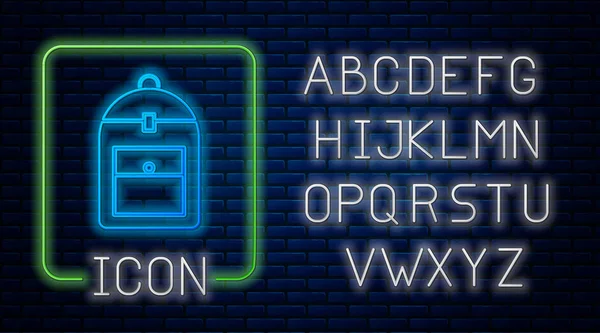 Сяючий Неоновий Рюкзак Значок Ізольований Фоні Цегляної Стіни Неоновий Легкий — стоковий вектор