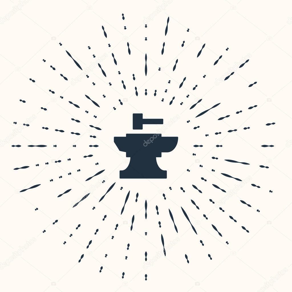 Grey Anvil for blacksmithing and hammer icon isolated on beige background. Metal forging. Forge tool. Abstract circle random dots. Vector Illustration