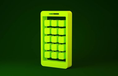 Yellow Mobile Apps icon isolated on green background. Smartphone with screen icons, applications. mobile phone showing screen. Minimalism concept. 3d illustration 3D render