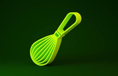 Sarı Mutfak çırpma simgesi yeşil arkaplanda izole edildi. Mutfak aletleri, yumurta çırpıcı. Çatal bıçak seti. Yemek karışımı sembolü. Minimalizm kavramı. 3d illüstrasyon 3B canlandırma