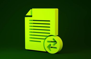 Sarı Aktarım dosya simgesi yeşil arkaplanda izole edildi. Dosyaları kopyala, veri değişimi, yedekleme, bilgisayar göçü, dosya paylaşım kavramlarını kopyala. Minimalizm kavramı. 3d illüstrasyon 3d canlandırma