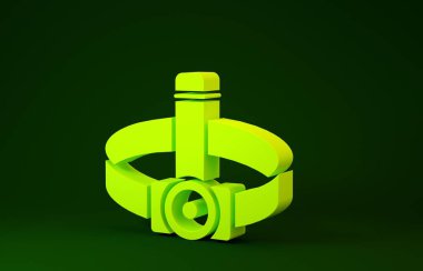 Sarı Başlı el feneri simgesi yeşil arkaplanda izole edildi. Turist el feneri. Kamp lambası. Minimalizm kavramı. 3d illüstrasyon 3d canlandırma