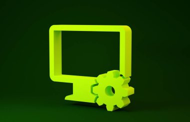 Sarı bilgisayar monitörü ve vites simgesi yeşil arkaplanda izole edildi. Ayarlama, servis, ayar, bakım, onarım, onarım. Minimalizm kavramı. 3d illüstrasyon 3d canlandırma