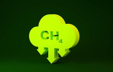 Yeşil arkaplanda sarı metan emisyon azaltma simgesi izole edildi. Ch4 molekül modeli ve kimyasal formül. Bataklık gazı. Doğal gaz. Minimalizm kavramı. 3d illüstrasyon 3d canlandırma