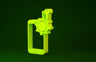 Yeşil arka planda sarı cep telefonu, tornavida ve anahtar simgesi var. Ayarlama, servis, ayar, bakım, onarım. Minimalizm kavramı. 3d illüstrasyon 3d canlandırma