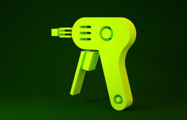 Yellow Electric hot glue gun icon isolated on green background. Hot pistol glue. Hot repair work appliance silicone. Minimalism concept. 3d illustration 3D render