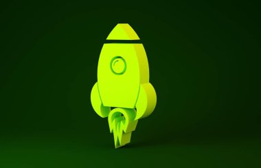 Yeşil zemin üzerinde ateş ikonu olan Sarı Roket gemisi. Uzay yolculuğu. Minimalizm kavramı. 3d illüstrasyon 3d canlandırma