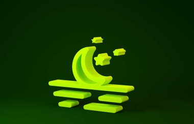 Sarı Ay ve yıldız ikonu yeşil arkaplanda izole edildi. Minimalizm kavramı. 3d illüstrasyon 3d canlandırma