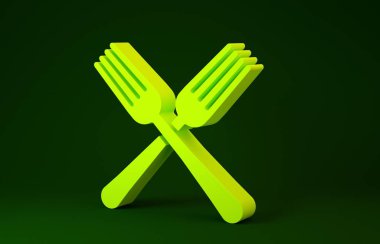 Yellow Crossed fork icon isolated on green background. Cutlery symbol. Minimalism concept. 3d illustration 3D render