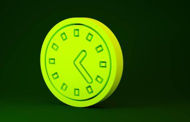 Sarı Saat simgesi yeşil arkaplanda izole edildi. Zaman sembolü. Minimalizm kavramı. 3d illüstrasyon 3B canlandırma