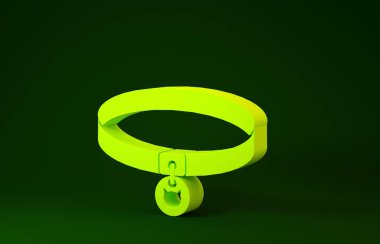 Yellow Cat collar with name tag icon isolated on green background. Simple supplies for domestic animal. Cat and dog care. Pet cat chains. Minimalism concept. 3d illustration 3D render