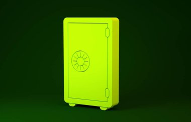 Sarı Güvenli simgesi yeşil arkaplanda izole edildi. Kapı, şifreli bir banka kasası. Güvenilir Veri Koruma. Minimalizm kavramı. 3d illüstrasyon 3B canlandırma