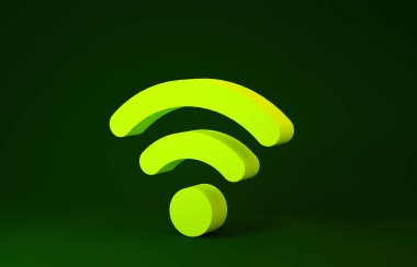 Yeşil arkaplanda izole edilmiş sarı kablosuz internet ağ sembolü simgesi. Minimalizm kavramı. 3d illüstrasyon 3B canlandırma