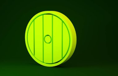Yeşil arka planda sarı yuvarlak ahşap kalkan simgesi izole edildi. Güvenlik, güvenlik, koruma, mahremiyet, koruma kavramı. Minimalizm kavramı. 3d illüstrasyon 3d canlandırma