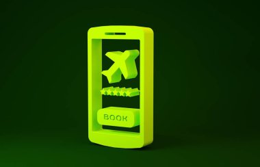 Yellow Smartphone with electronic boarding pass airline ticket icon isolated on green background. Passenger plane mobile ticket for web and app. Minimalism concept. 3d illustration 3D render