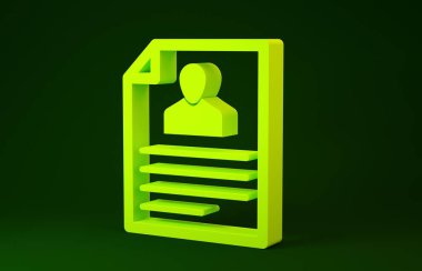 Yellow Resume icon isolated on green background. CV application. Searching professional staff. Analyzing personnel resume. Minimalism concept. 3d illustration 3D render