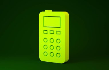 Yeşil arkaplanda sarı uzaktan kontrol simgesi izole edildi. Minimalizm kavramı. 3d illüstrasyon 3B canlandırma