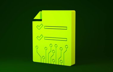 Sarı Akıllı sözleşme simgesi yeşil arkaplanda izole edildi. Engelleme teknolojisi, kripto para madenciliği, bitcoin, altsikkeler, dijital para piyasası. Minimalizm kavramı. 3d illüstrasyon 3d canlandırma