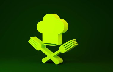 Yellow Chef hat and crossed fork icon isolated on green background. Cooking symbol. Restaurant menu. Cooks hat. Minimalism concept. 3d illustration 3D render