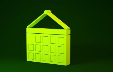 Yeşil arkaplanda sarı takvim simgesi izole edildi. Olay hatırlatma sembolü. Minimalizm kavramı. 3d illüstrasyon 3d canlandırma