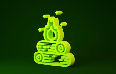 Sarı Kamp Ateşi simgesi yeşil arkaplanda izole edildi. Odunla yanan şenlik ateşi. Minimalizm kavramı. 3d illüstrasyon 3B canlandırma