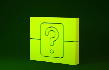 Yeşil arkaplanda izole edilmiş oyun simgesi için sarı gizemli kutu veya rastgele ganimet kutusu. Soru kutusu. Minimalizm kavramı. 3d illüstrasyon 3d canlandırma