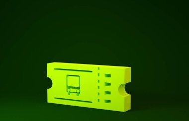 Yeşil arka planda sarı otobüs bileti ikonu izole edildi. Toplu taşıma bileti. Minimalizm kavramı. 3d illüstrasyon 3d canlandırma