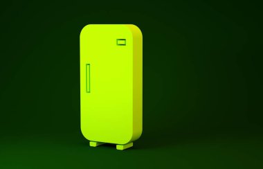 Yeşil arkaplanda sarı buzdolabı simgesi izole edildi. Buzdolabı buzdolabı. Ev aletleri ve aletler. Minimalizm kavramı. 3d illüstrasyon 3B canlandırma