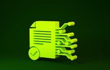 Sarı Akıllı sözleşme simgesi yeşil arkaplanda izole edildi. Engelleme teknolojisi, kripto para madenciliği, bitcoin, altsikkeler, dijital para piyasası. Minimalizm kavramı. 3d illüstrasyon 3d canlandırma