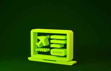 Yeşil arka planda elektronik geçiş kartı olan sarı dizüstü bilgisayar. Web ve uygulama için yolcu uçağı bileti. Minimalizm kavramı. 3d illüstrasyon 3d canlandırma