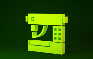Sarı dikiş makinesi simgesi yeşil arkaplanda izole edildi. Minimalizm kavramı. 3d illüstrasyon 3d canlandırma